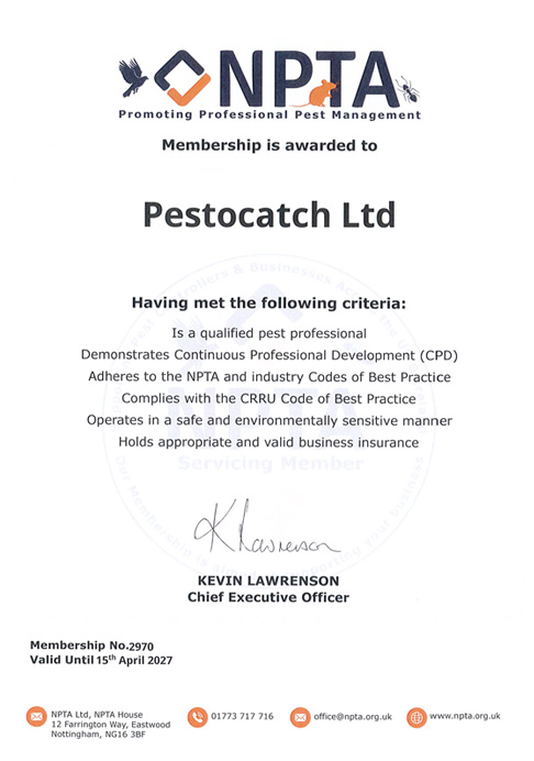 NPTA Certificate UK Pestocatch